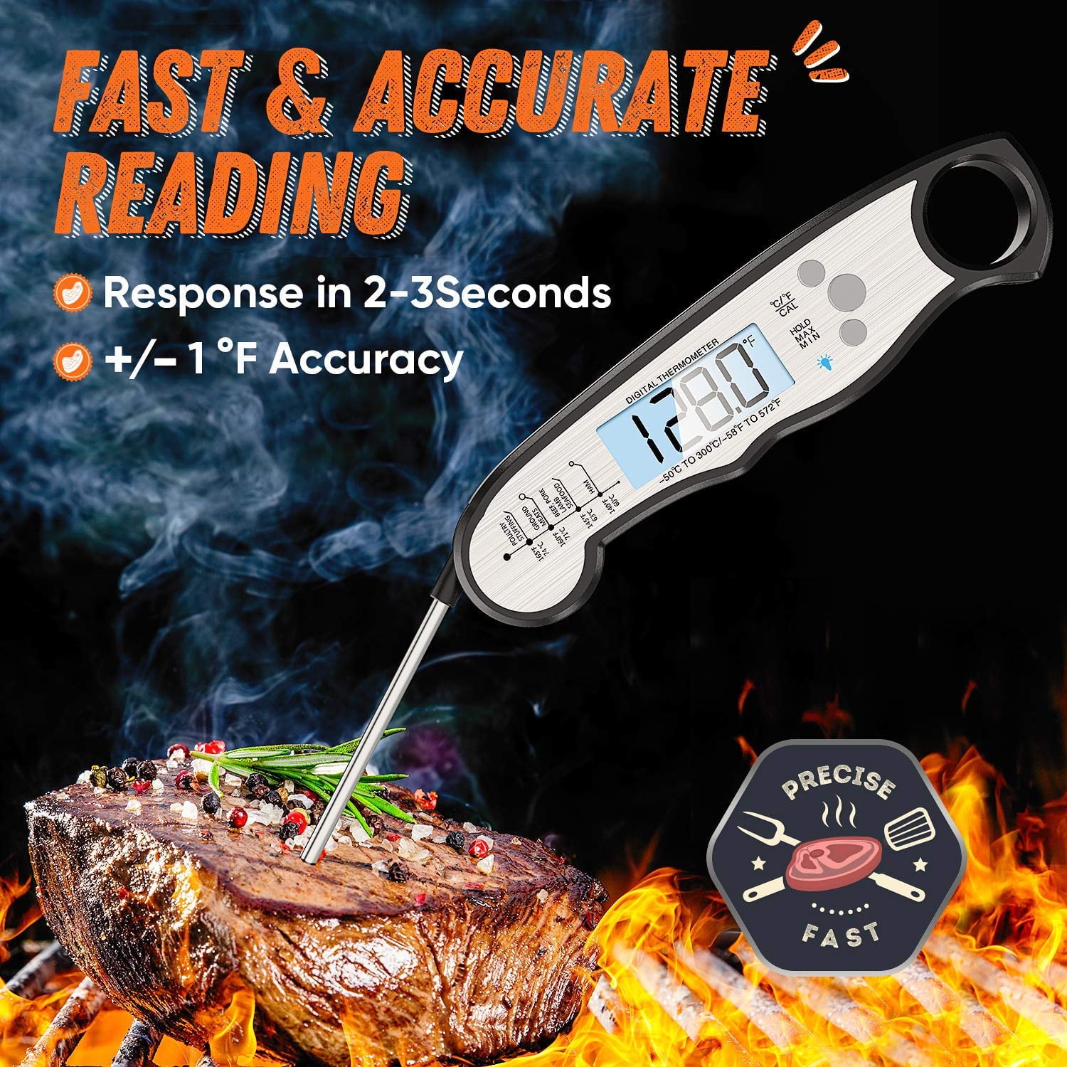 Saferell Instant Read Meat Thermometer for Cooking, Fast & Precise Digital Food Thermometer with Backlight, Magnet, Calibration, and Foldable Probe for Deep Fry, BBQ, Grill and Roast Turkey(Black)