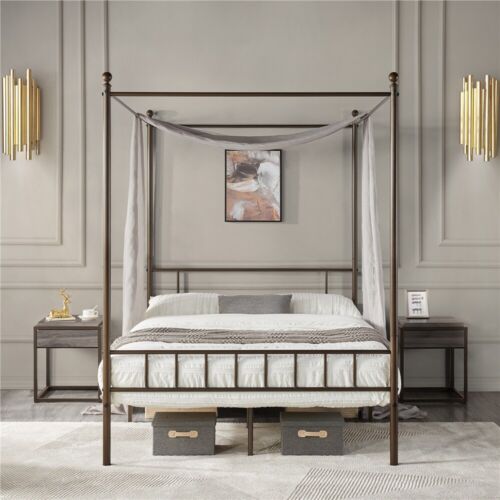 Metal Canopy Bed Frame With Headboard/Foot<wbr/>board Four-poster Bed Twin/Full/Quee<wbr/>n
