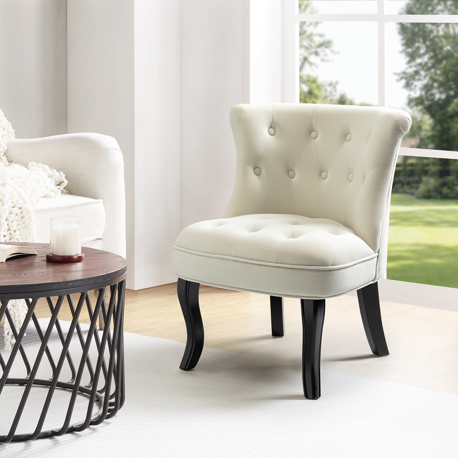 14 Karat Home Velvet Armless Accent Chair Upholstered Button Wooden Legs Bedroom Adult White