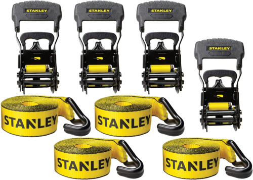 STANLEY  Black/Yellow 1.5" X 16' Ratchet Tie down Straps - Heavy Cargo Securing