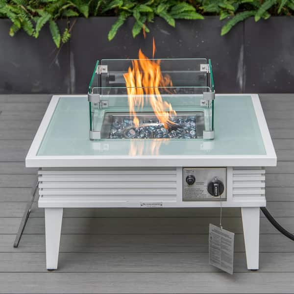 Walbrooke Modern White Patio Square Fire Pit Table with Aluminum Slats Frame