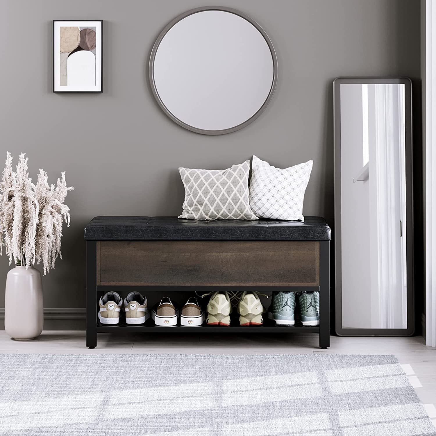 Industrial Storage Bench, Flip Top Long Shoe Bench, Bed End Stool with Leather Padded Seat and Steel Shelf, for Hallway, Foyer, Living Room, Bedroom, Dark Brown and Black Finish