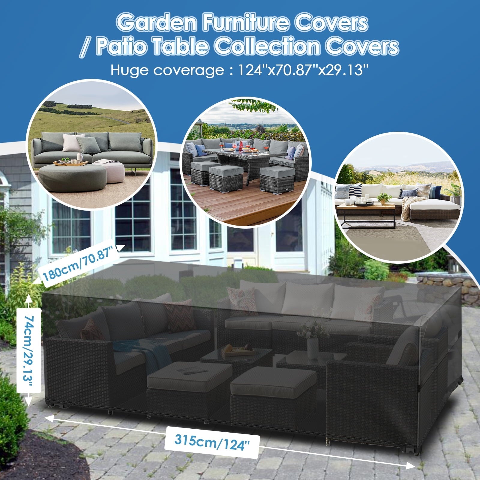 Patio Furniture Covers Waterproof 124x70x29 inches Outdoor Furniture Cover Extra Large Patio Set Table Covers Rectangular with 4 Windproof Buckles Fits 12-14Seat Black