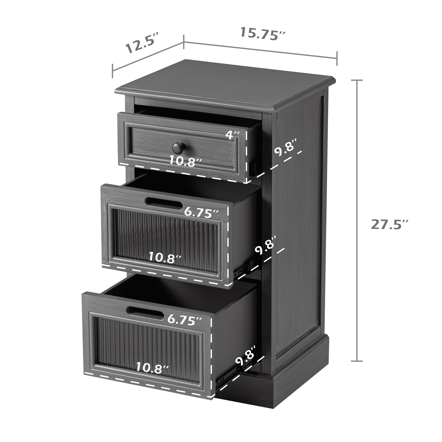 COZAYH Mid Century Modern Nightstand, Fully Assembled Nightstand with 3 Reeded Glass Front Drawers, Distressed Gray Nightstand with Antique Brass Knob and Metal Glide, 27.5” Tall
