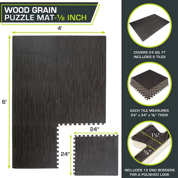 Wood Grain Puzzle Mat Carbon Black 24 in. x 24 in. x 0.5 in. EVA Foam Interlocking Floor Tiles (24 sq. ft.) (6-Pack)