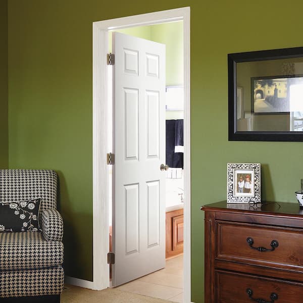 28 in. x 80 in. 6 Panel Left-Handed Solid Core White Primed Wood Single Prehung Interior Door With Bronze Hinges