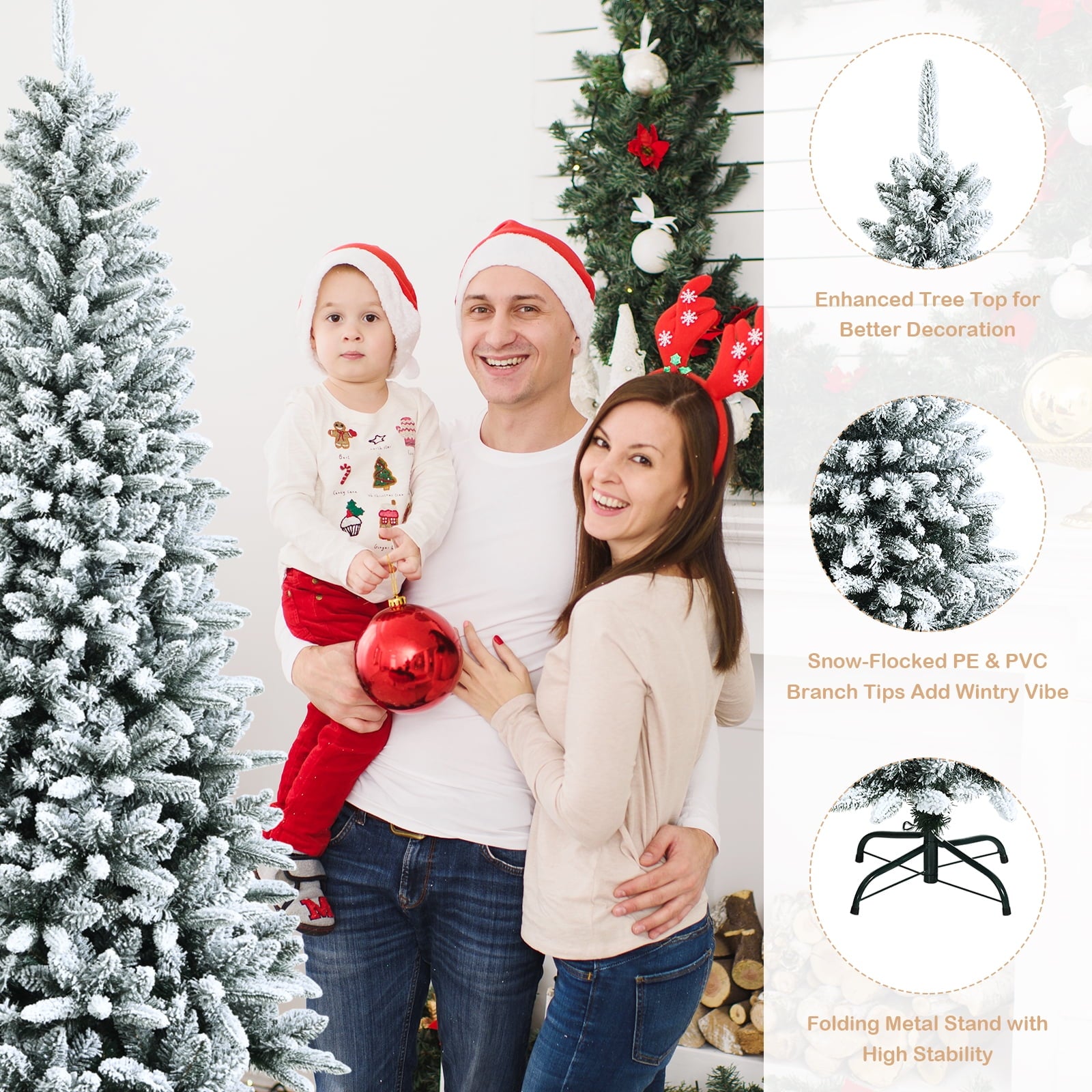 Topbuy 7.5FT Slim Snow-Flocked Christmas Tre Hinged Pencil Tree W/ 1189 Branch Tips Premium PE & PVC