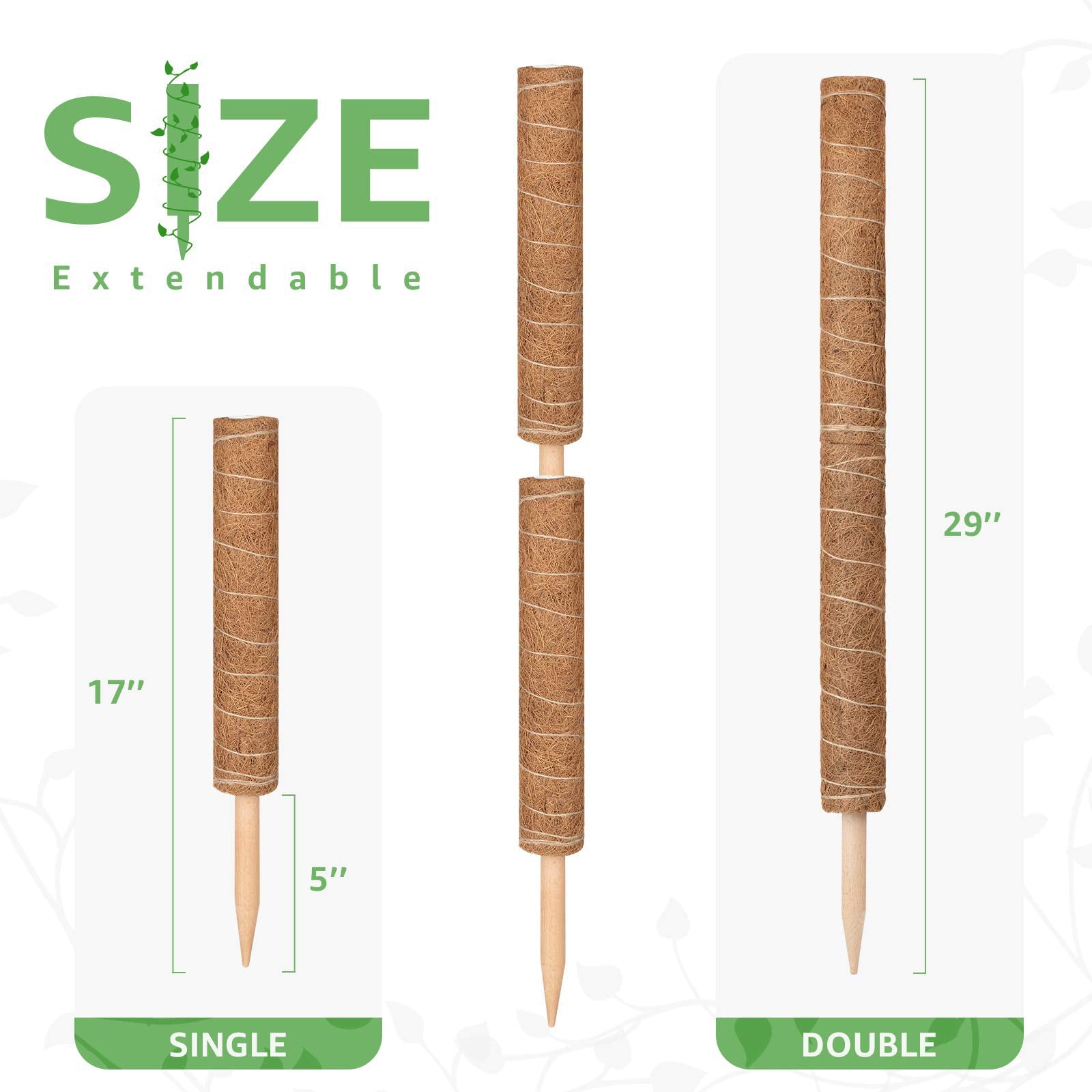 COSYLAND 29 Inches Coir Totem Moss Pole for Plant Support Coco Sticks with 65 Feet Garden Twist Tie for Climbing Indoor Plants Monstera Philodendron Pothos Creepers to Grow (2 x 17in)