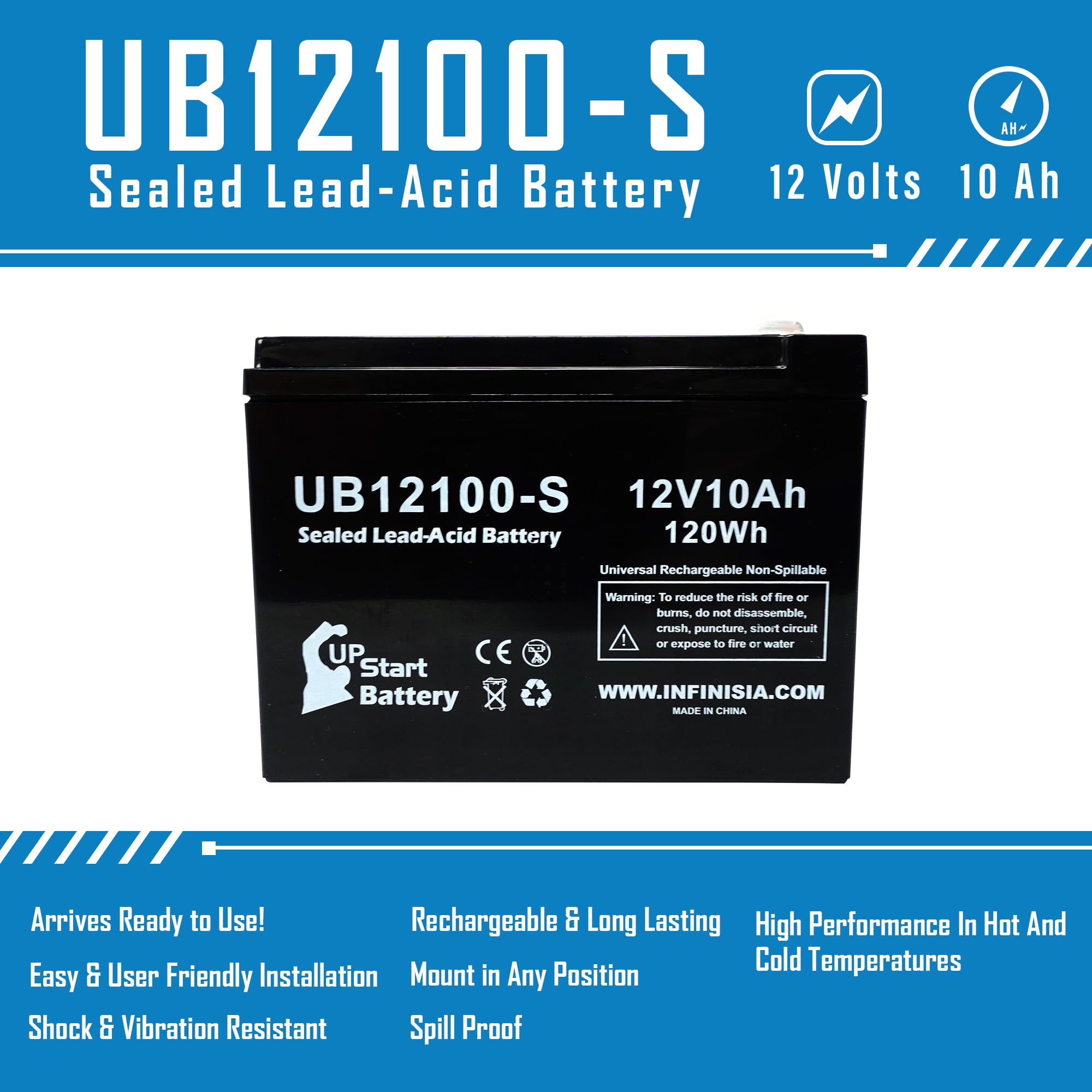 2x Pack - Universal Battery UB12100-S Battery Replacement - UB12100-S Universal Sealed Lead Acid Battery (12V, 10Ah, 10000mAh, F2 Terminal, AGM, SLA)