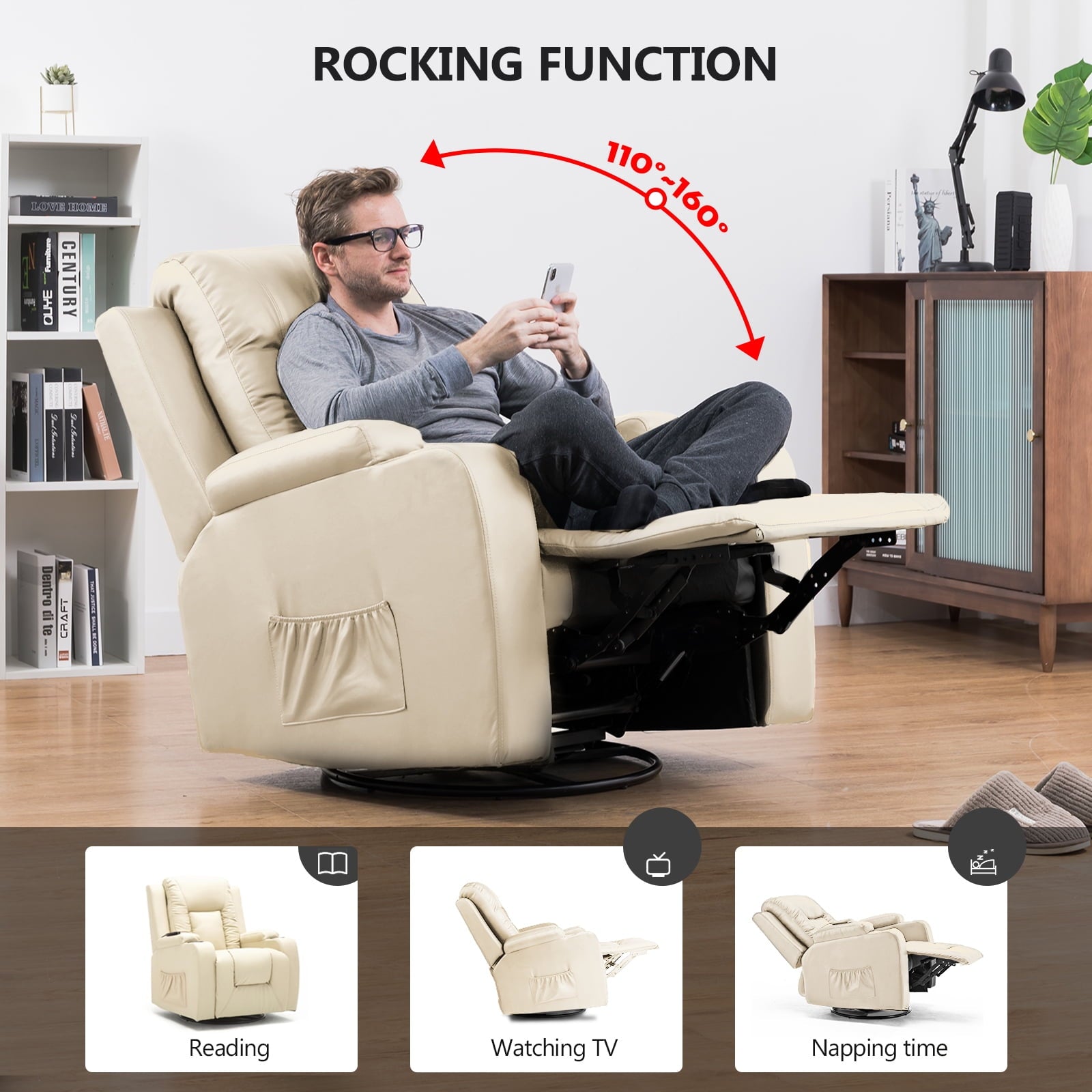 ComHoma Massage Recliner Chair with Heated Massage PU Leather Chair, Cream White