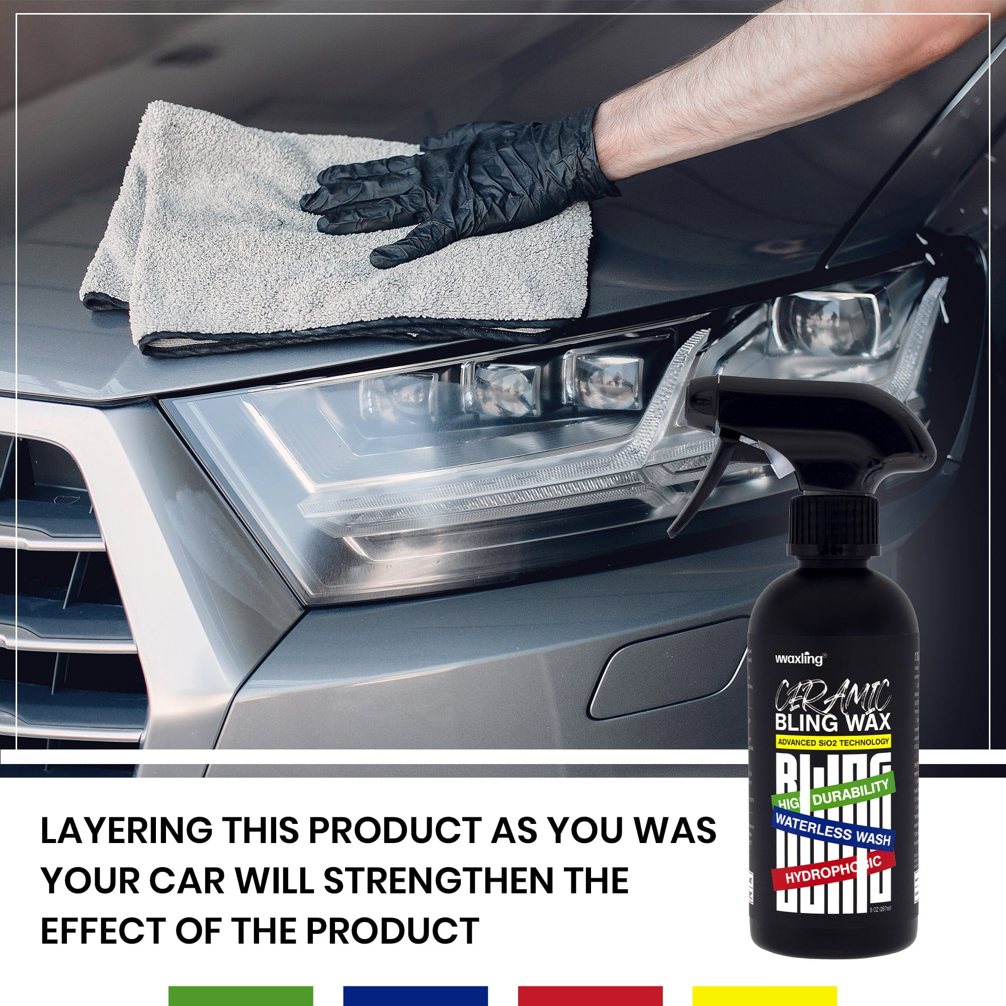 WAXLING Ceramic Bling Wax | Ceramic Coating Car Wax | Waterless Car Wash & Car Wax Polish | Hydrophobic Car Wax Spray for High Durability, Gloss, Slick | Easy & Quick