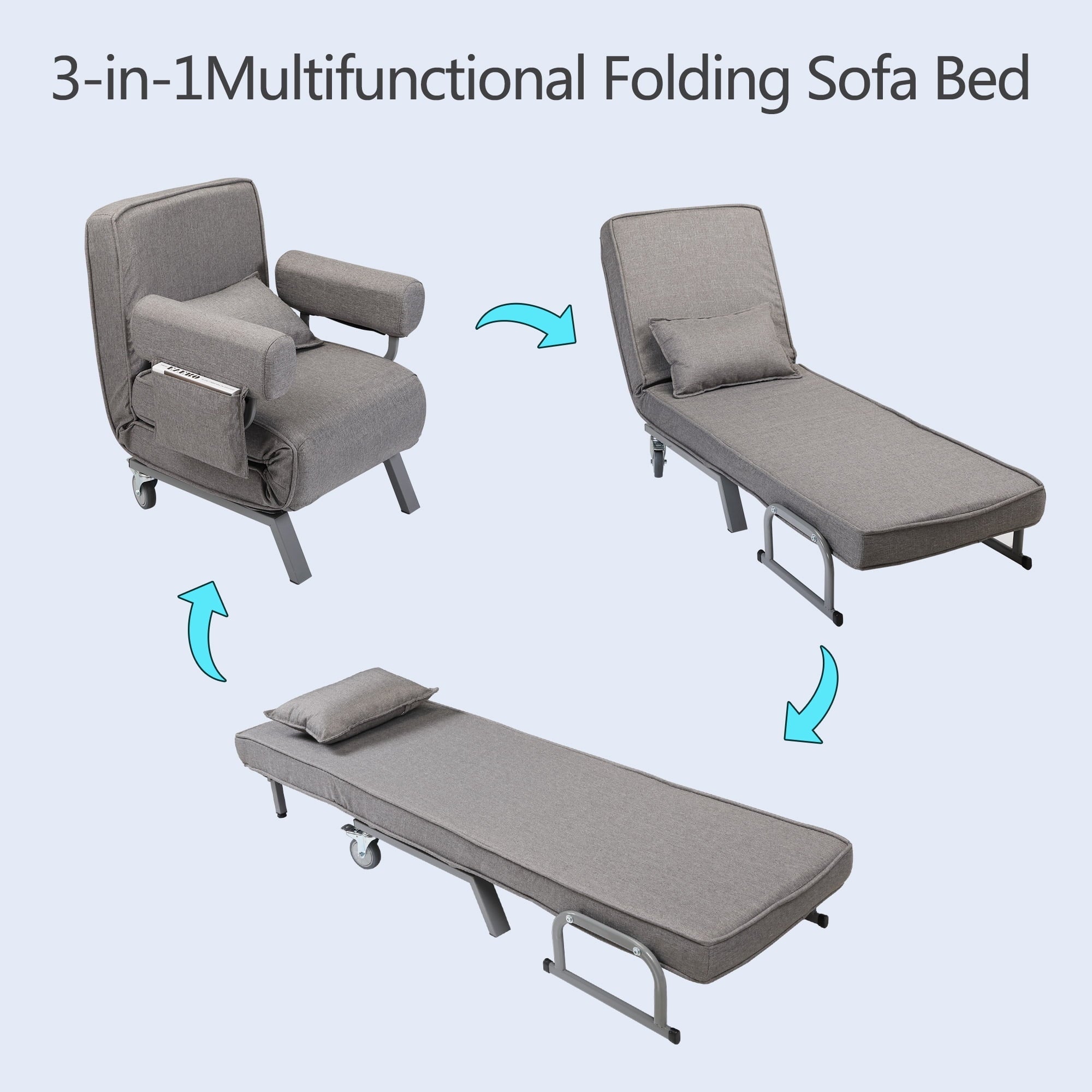 Jaxpety Convertible Sofa Bed Sleeper Arm Chiar, 6-Position Folding Lounge Leisure Recliner W/ Pillow, Gray