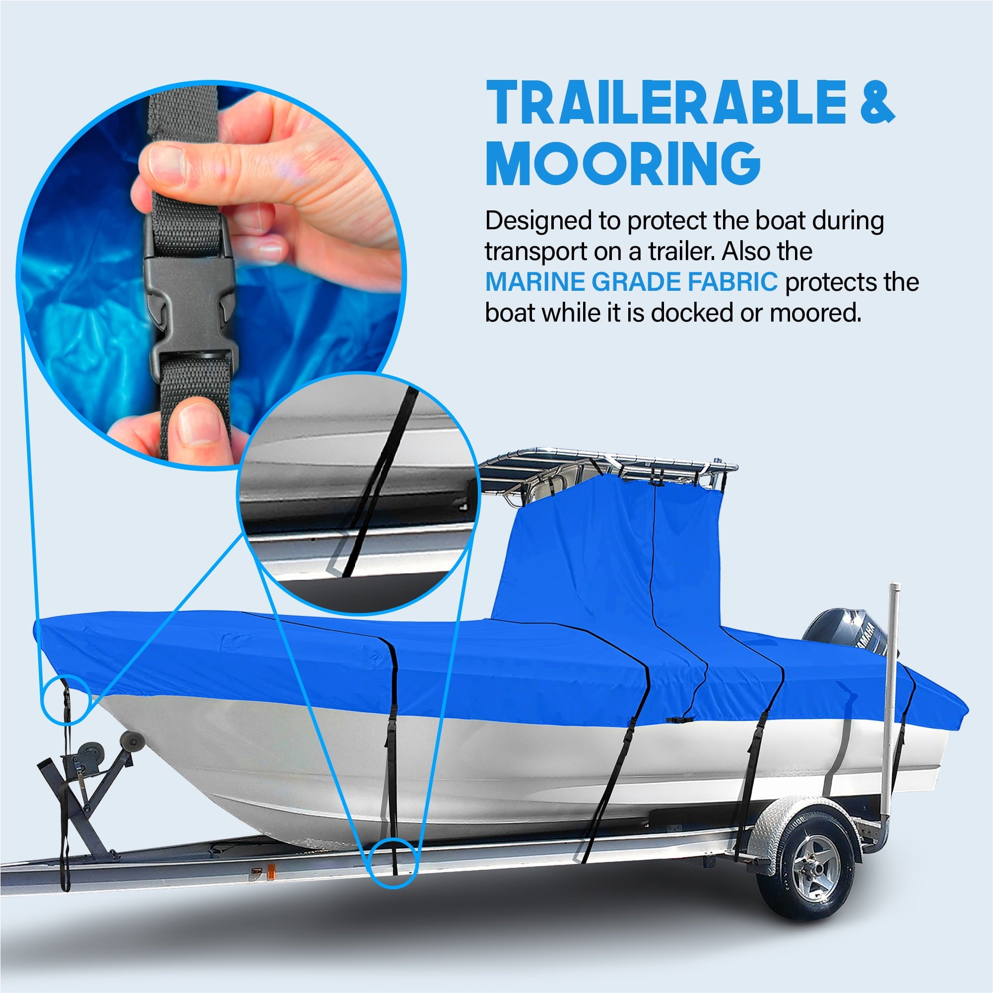 NEH T-Top Boat Cover 20-22ft, Thick Heavy Duty Fabric, Fade-Proof, Rip Resistant, Waterproof, Trailerable, Hard Top Center Console Cover, Pacific Blue