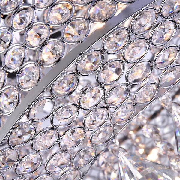 Clara 17.5 in. Glam 4-Light Chrome Flush Mount with Crystal Beaded Drum shade and Hanging Crystals