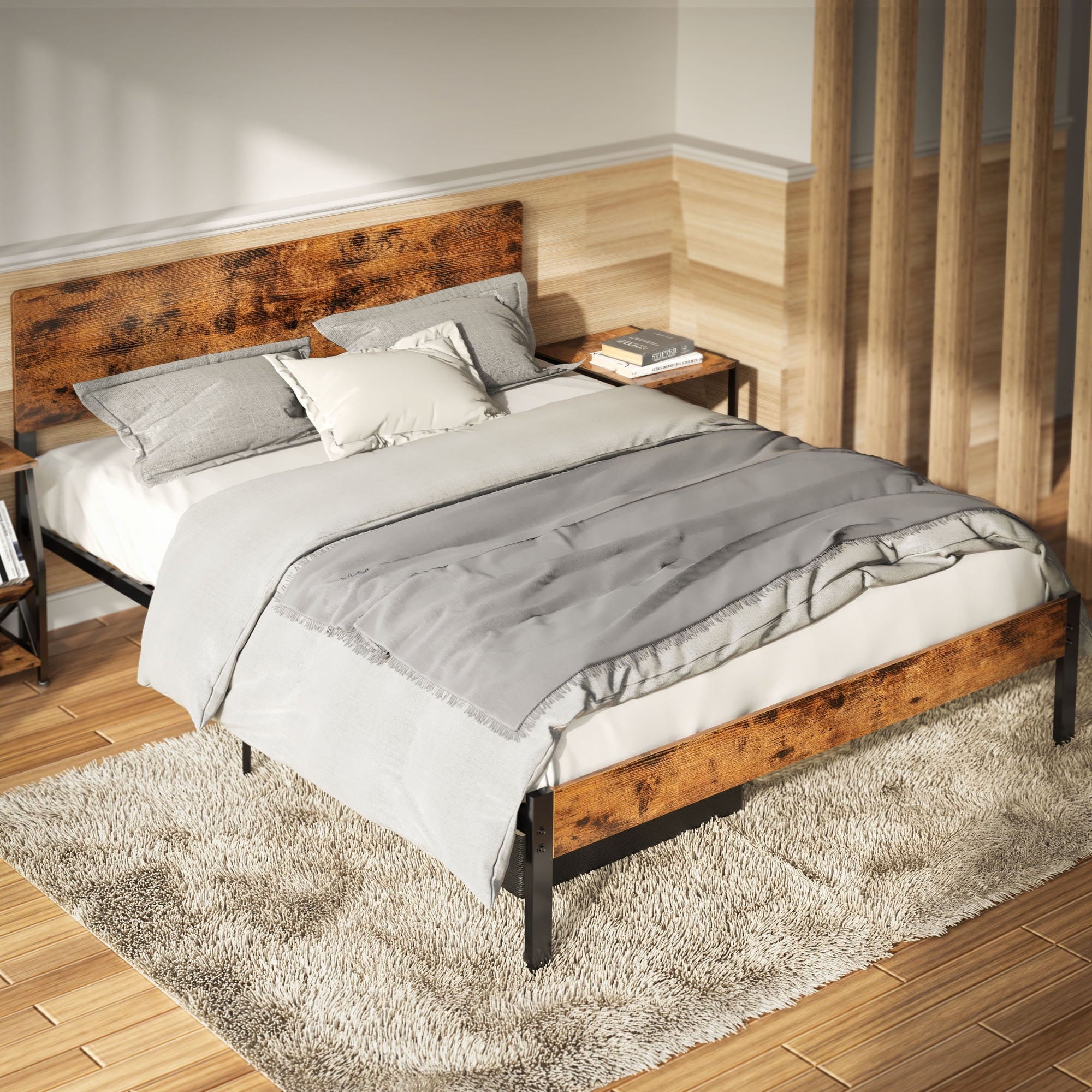 LIKIMIO Queen Platform Bed Frame with MDF Headboard, Strong Steel Support and Underbed Storage Space, Vintage Brown