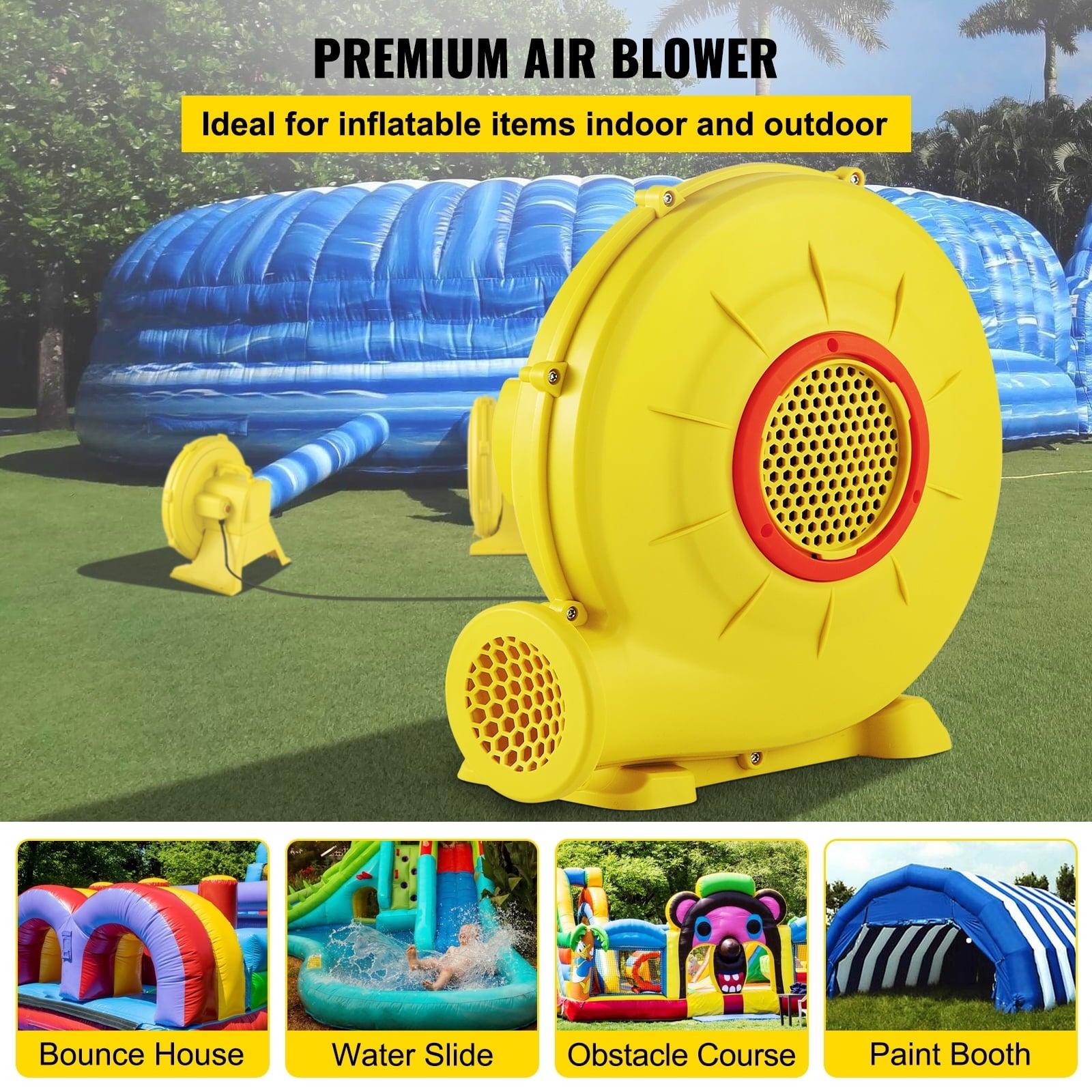 VEVOR Air Blower, 450w 0.6hp Inflatable Blower, Portable and Powerful Bounce House Blower, 1750Pa Commercial Air Blower Pump Fan, Used for Inflatable Bouncy Castle and Jump Slides, Yellow