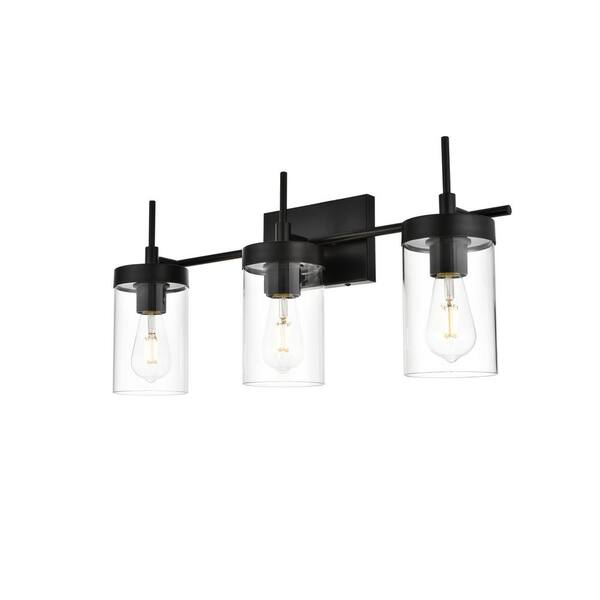 Simply Living 24 in. 3-Light Modern Black Vanity Light with Clear Cylinder Shade