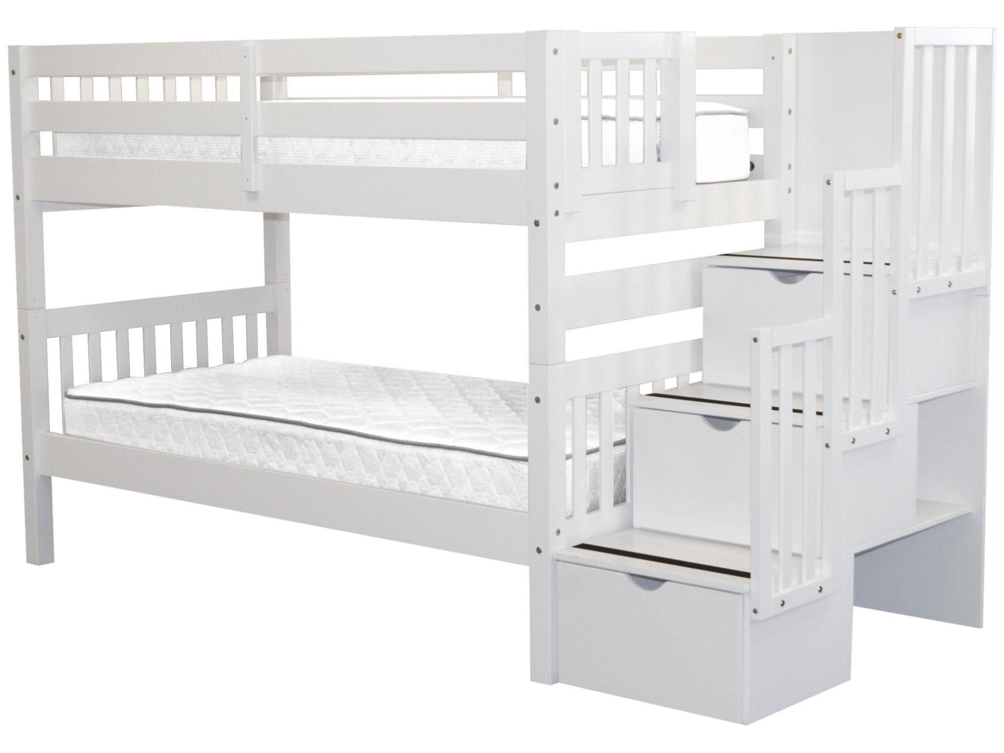 Bedz King Stairway Bunk Beds Twin over Twin with 3 Drawers in the Steps, White
