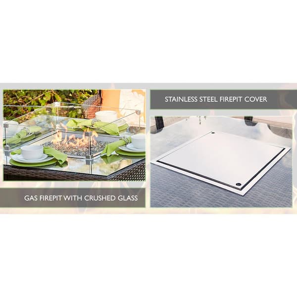 Turnbury 47 in. x 27 in. Square Stainless Steel Propane Gas Fire Pit Table in Brown Wicker with Tempered Glass Surround