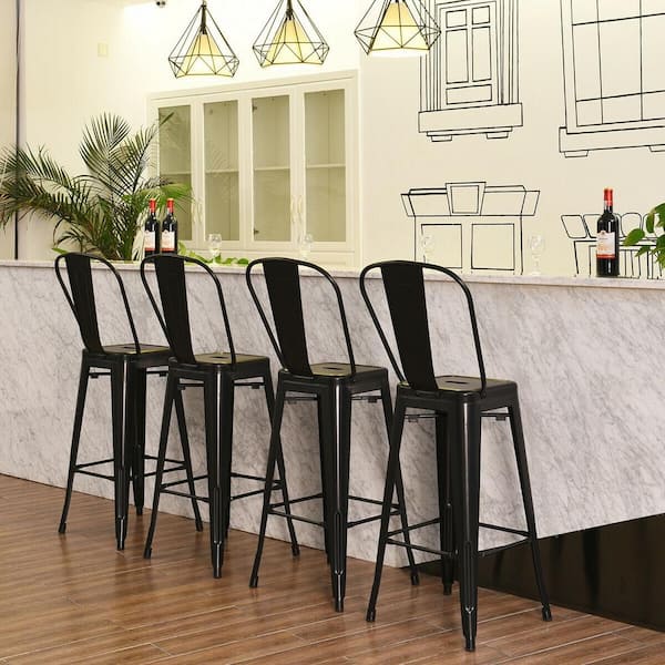 Black 4-Piece 30 in. High Back Metal Industrial Bar Stools with Top and High Backrest