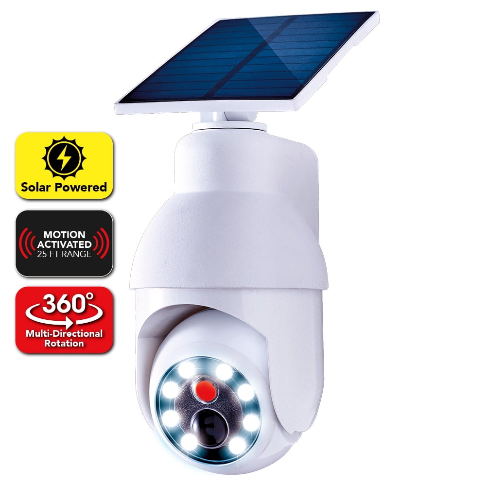 Handy Brite Solar Security 360 LED Light that Looks like a Camera with a Beam Spread of 120 Degrees.