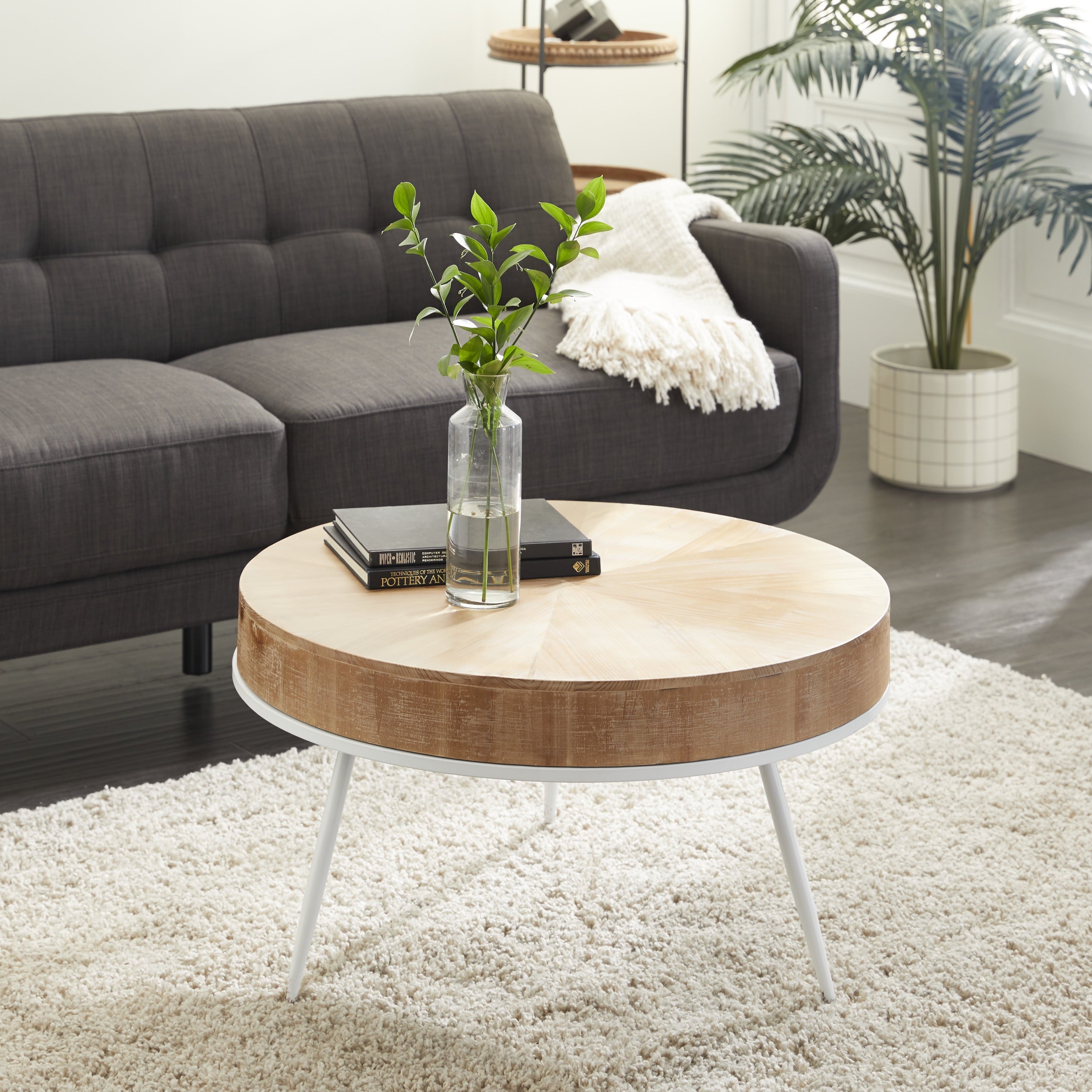DecMode Natural Brown/Tan Wood Modern Style and Minimalist Design Round Coffee Table with a White Distressed Metal Base, 32