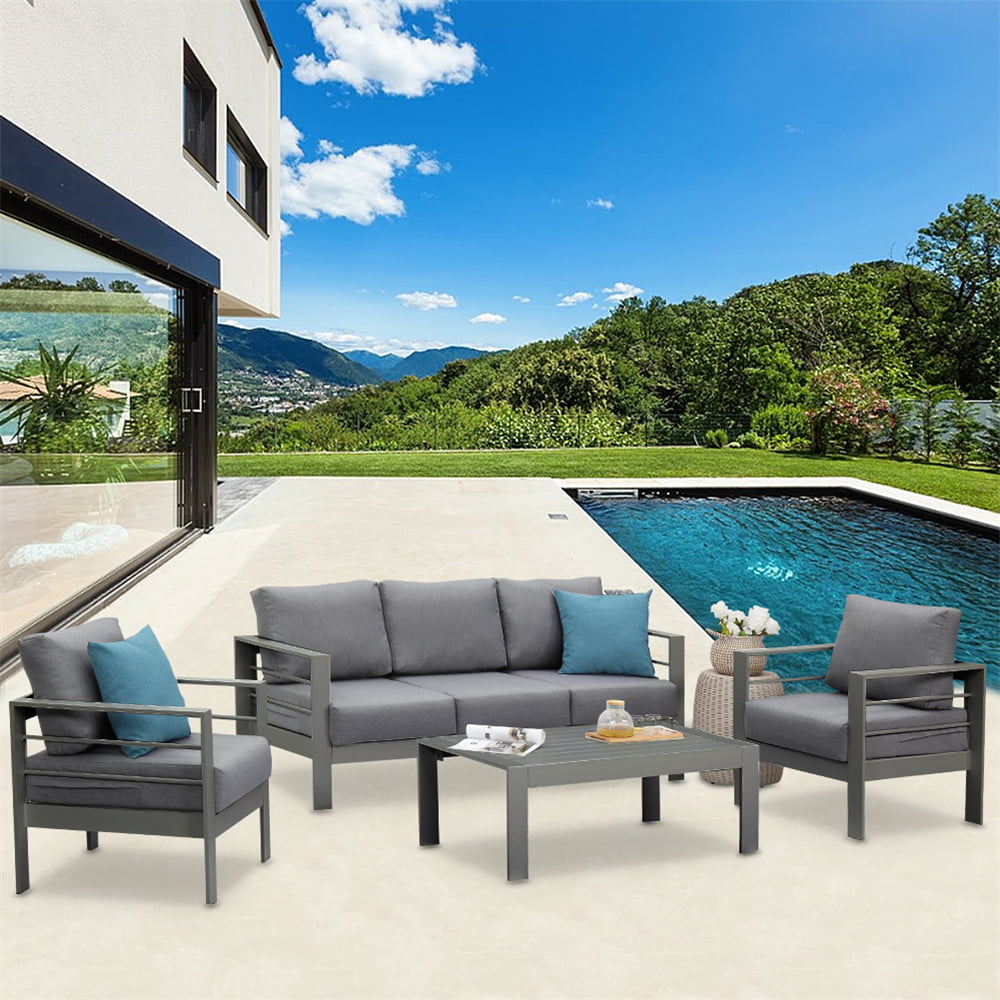 Superjoe Aluminum Outdoor Furniture Set 4 Pcs Patio Conversation Sofa Set with Coffee Table,Gray