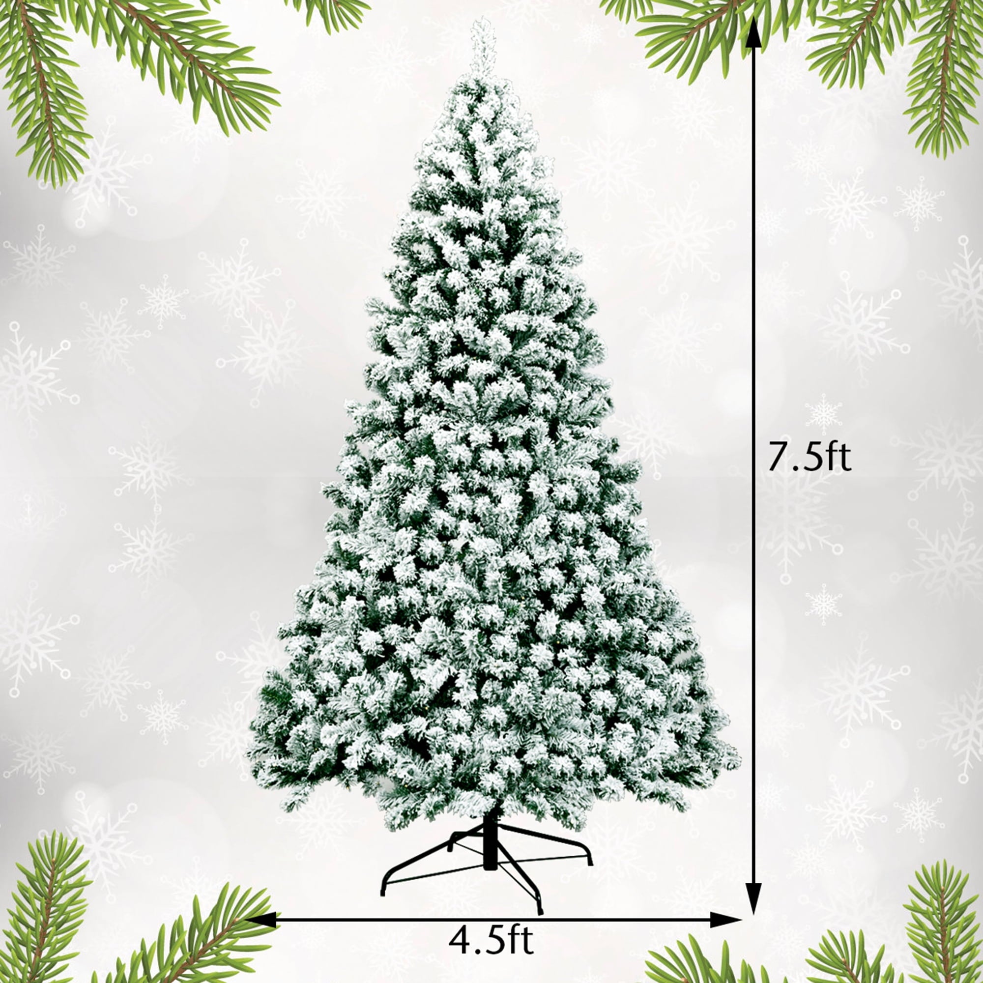 Gymax 7.5ft Pre-lit Snow Flocked Christmas Tree Hinged Pine Tree Holiday Decoration