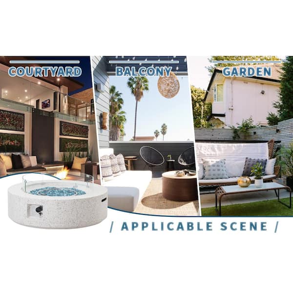 41 in. 50000 BTU Elegant White Round Composite GRFC Fire Pit Table with Glass Wind Guard and Water-Resistent Cover