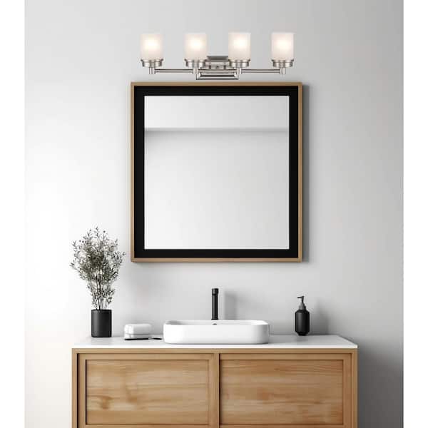 Fusion 27.5 in. 4-Light Brushed Nickel Bathroom Vanity Light Fixture with Frosted Glass Shades
