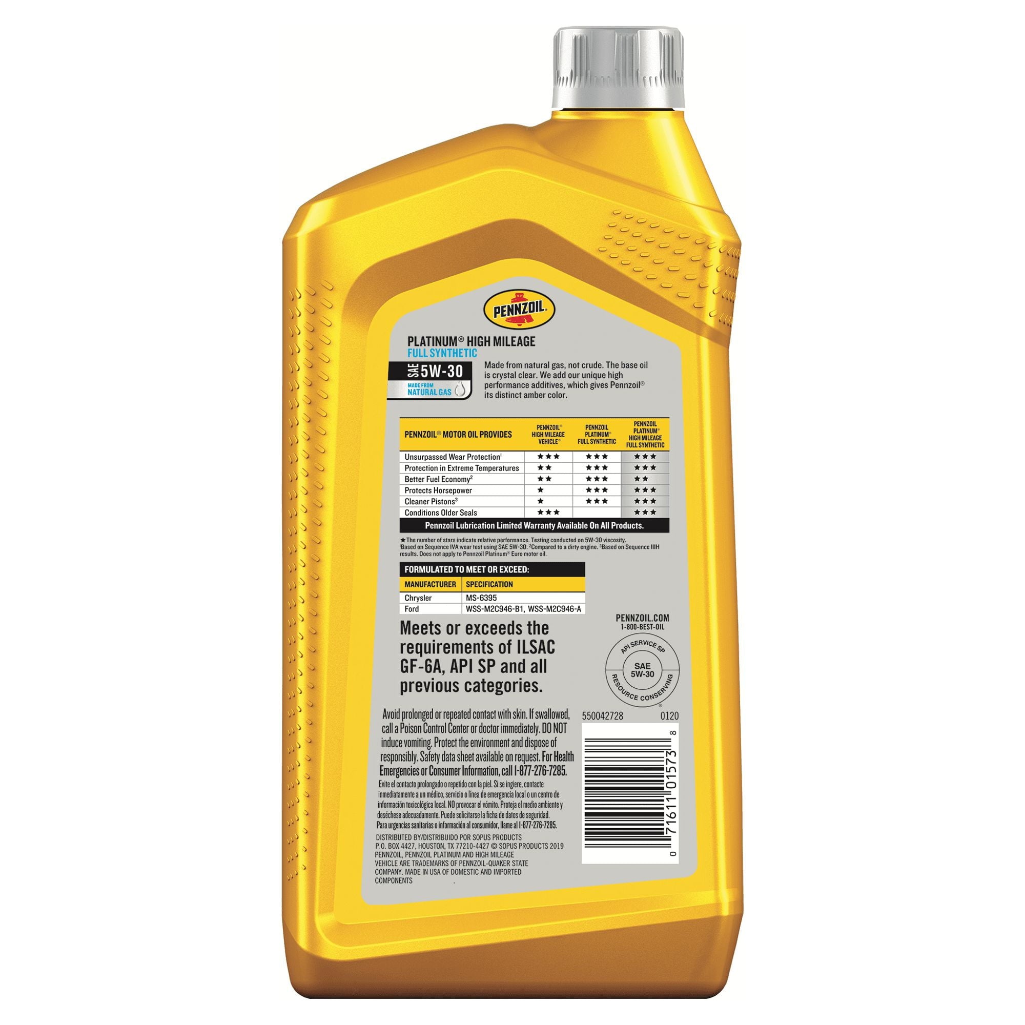 Pennzoil Platinum High Mileage Full Synthetic 5W-30 Motor Oil, 1 Quart