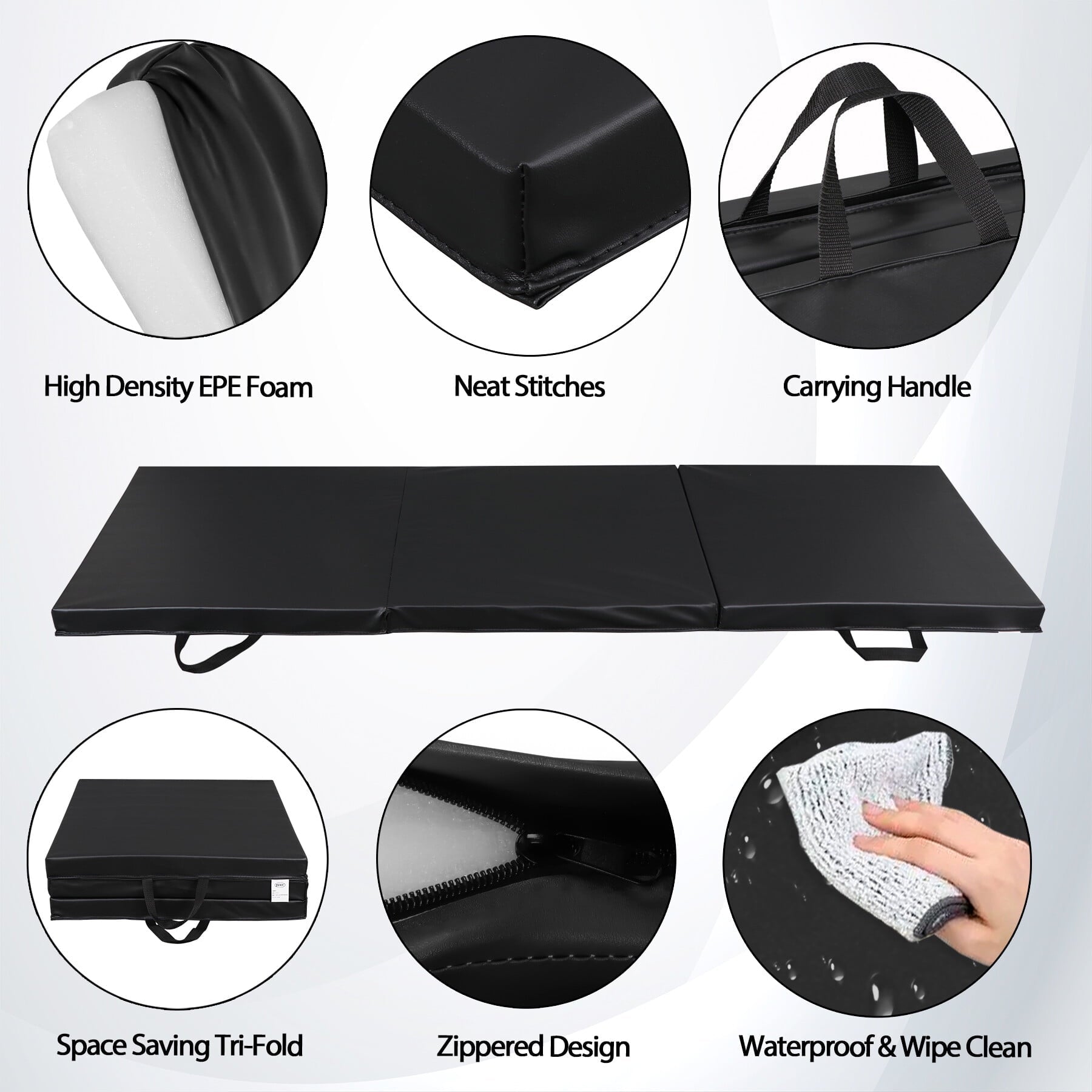 ZenSports 6'x2' Tri-Fold Gymnastics Exercise Mat Floding Floor Yoga Mat 2' Thick Black