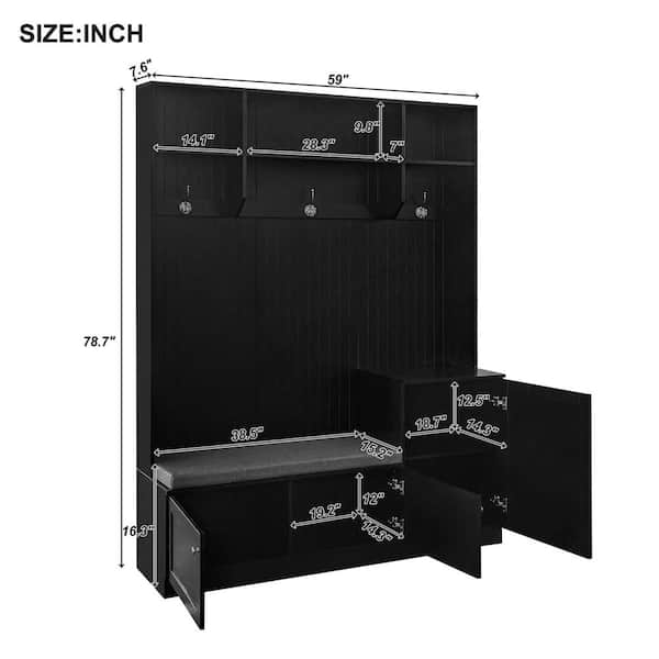 Black Multifunctional Hall Tree with Large Cabinets, Convenient Bench with Cushion, 3 Hooks and Storage Shelves