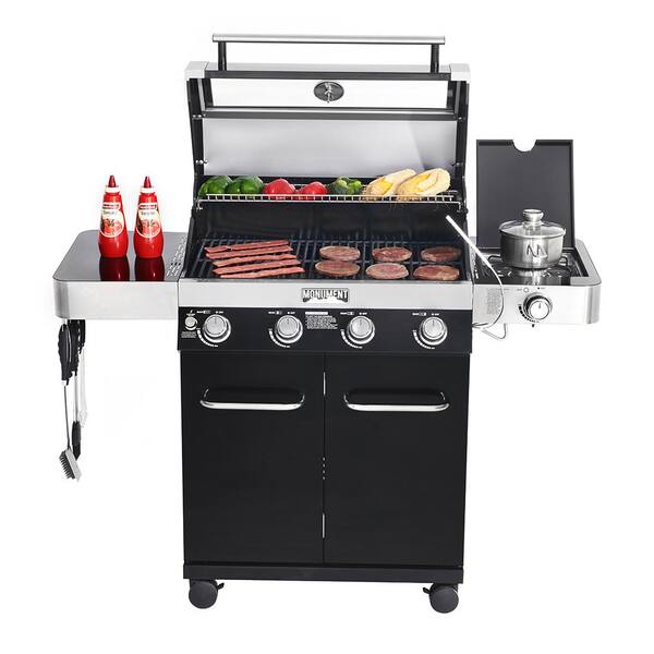 4-Burner Propane Gas Grill in Black with ClearView Lid, LED Controls, Side Burner and USB Light