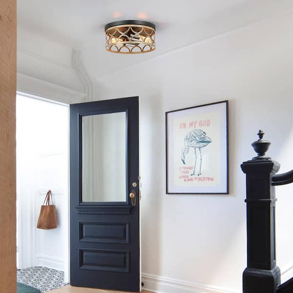 12 in. 2-Light Bronze and Wood Tone Flush Mount Ceiling Light