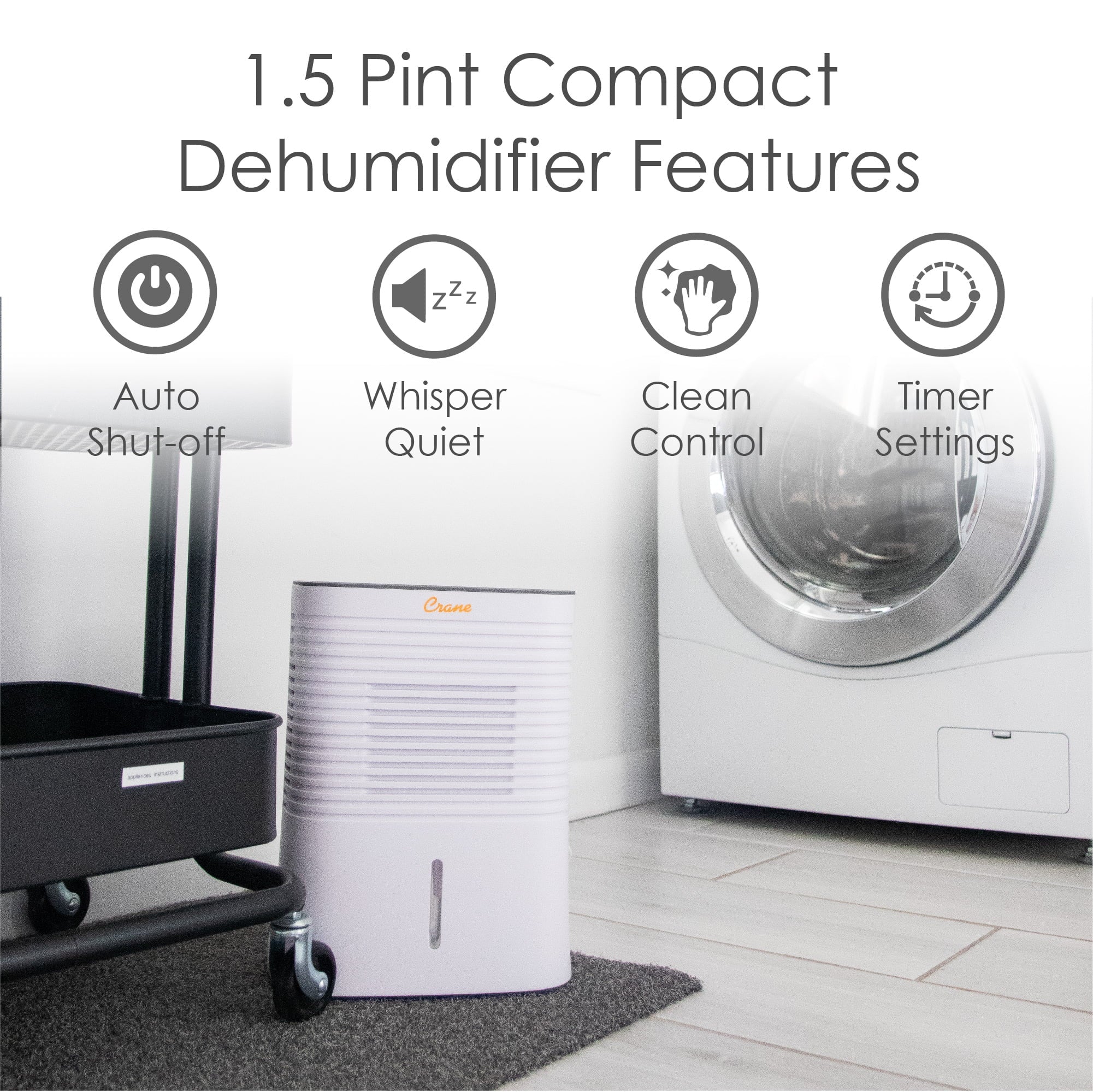 Crane 4 Pint Compact Portable Dehumidifier with 2 Settings for Small to Medium Rooms up to 300 sq. ft.