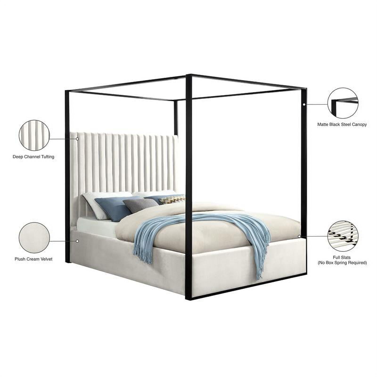 Meridian Furniture Jax Solid Wood and Velvet Queen Bed in Cream