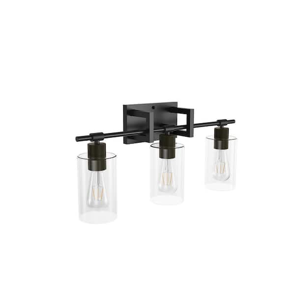 21.6 in. 3-Light Black Bathroom Dimmable Vanity Light with Clear Glass Shades