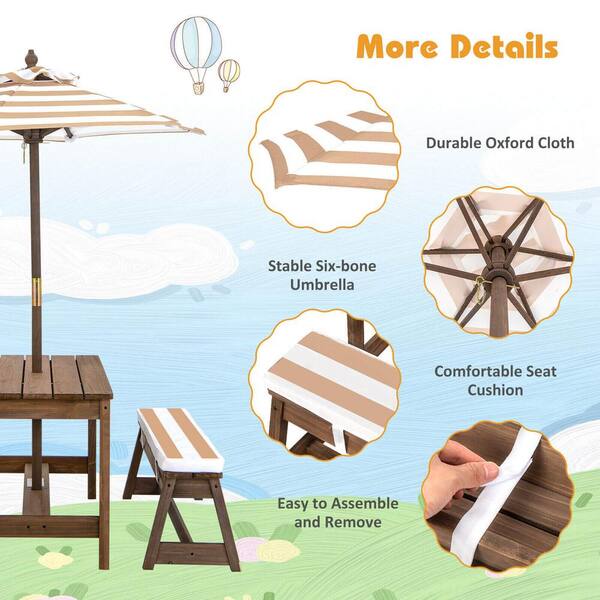 35 in. Brown Rectangle Fir Wood Kids Picnic Table and Chairs with Cushions and Height Adjustable Umbrella
