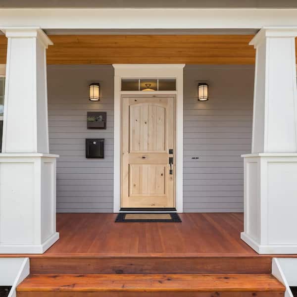 32 in. x 80 in. Rustic Knotty Alder 2-Panel Top Rail Arch V-Groove Unfinished Wood Front Door Slab