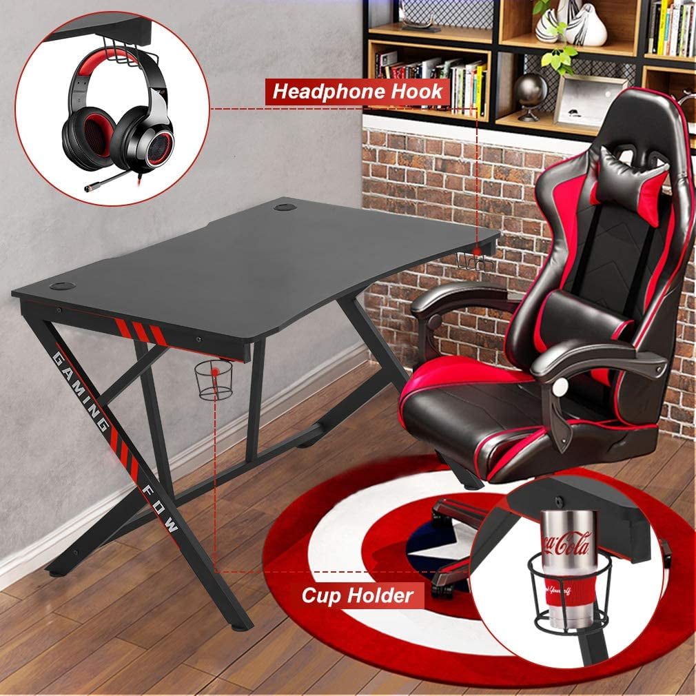 BestOffice Gaming Desk Computer Desk Home Office Desk Racing Style Study DeskExtra Large Modern Ergonomic PC Carbon Fiber Writing Desk Table with Cup Holder Headphone Hook，Red