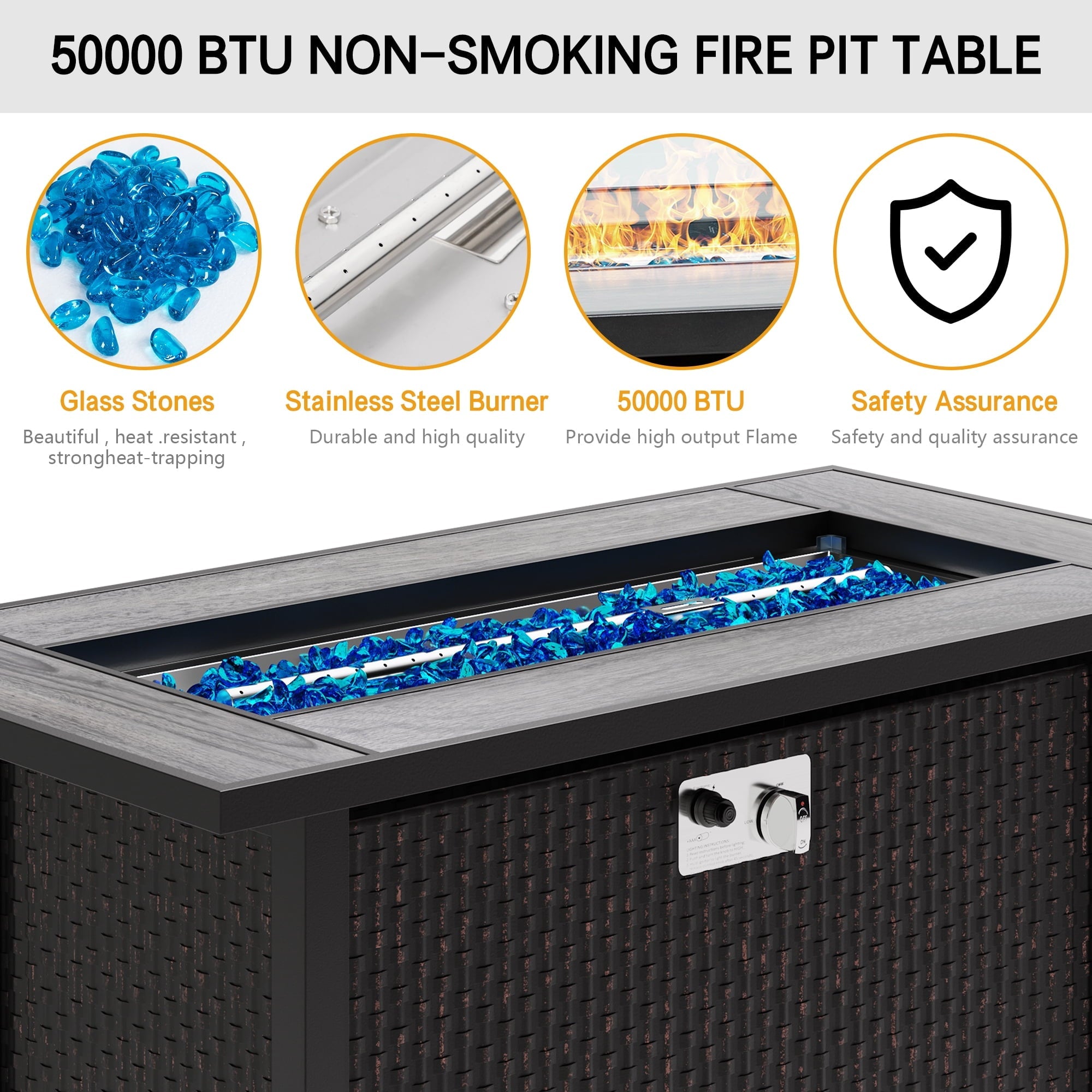 Sobaniilo  Fire Pit 45in Propane Fire Pit with Rain Cover and Lava Rock, Outdoor Firepit Table 50000 BTU 3-in-1 Fire Table for Patio/Yard/Balcony, Rectangular, Black