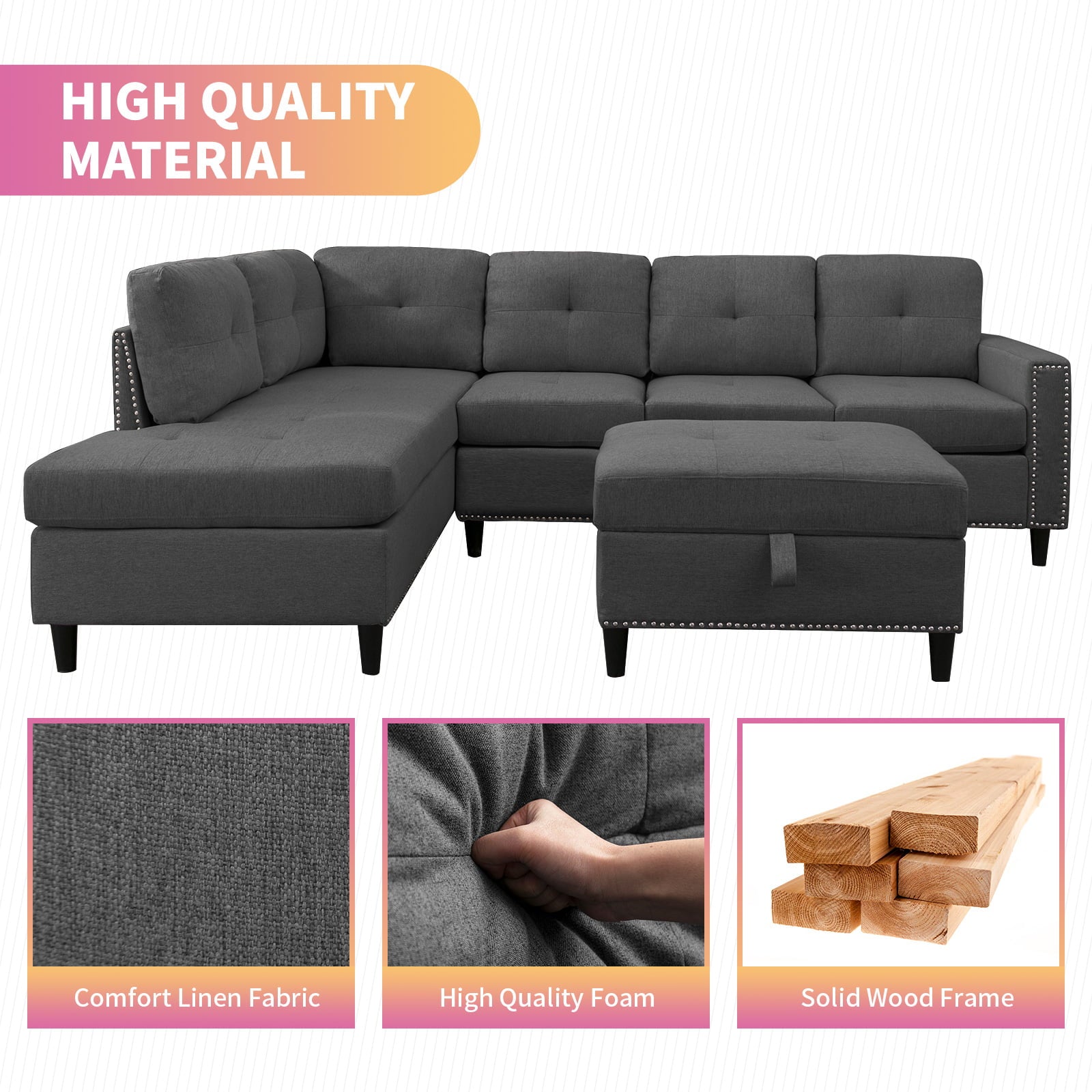 Mjkone L Shaped Sectional Sofa with Left Hand Facing Chaise,Free Combination Ottoman, Modular Sectional Sofa with Rivet Trim,Upholstered Sofa Couches for Living Room,Dark Grey