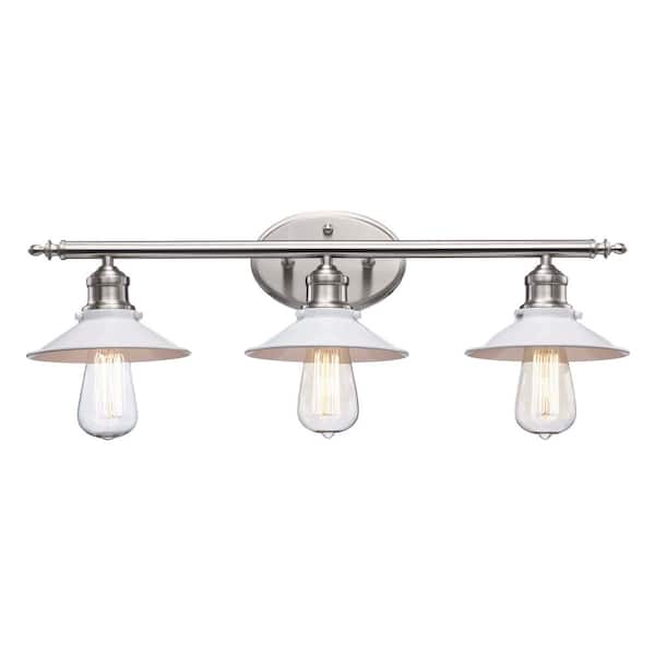 Glenhurst 25 in. 3-Light Industrial Farmhouse White and Brushed Nickel Bathroom Vanity Light Fixture with Metal Shades