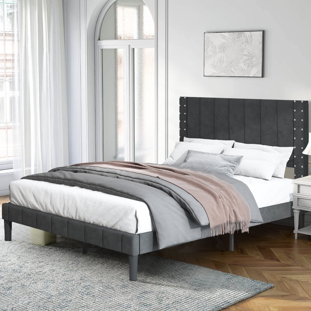 Sesslife Black Platform Bed Frame, Full Upholstered Bed Frame with Classic Headboard, Full Floor Bed Frame, No Box Spring Needed, Easy Assembly