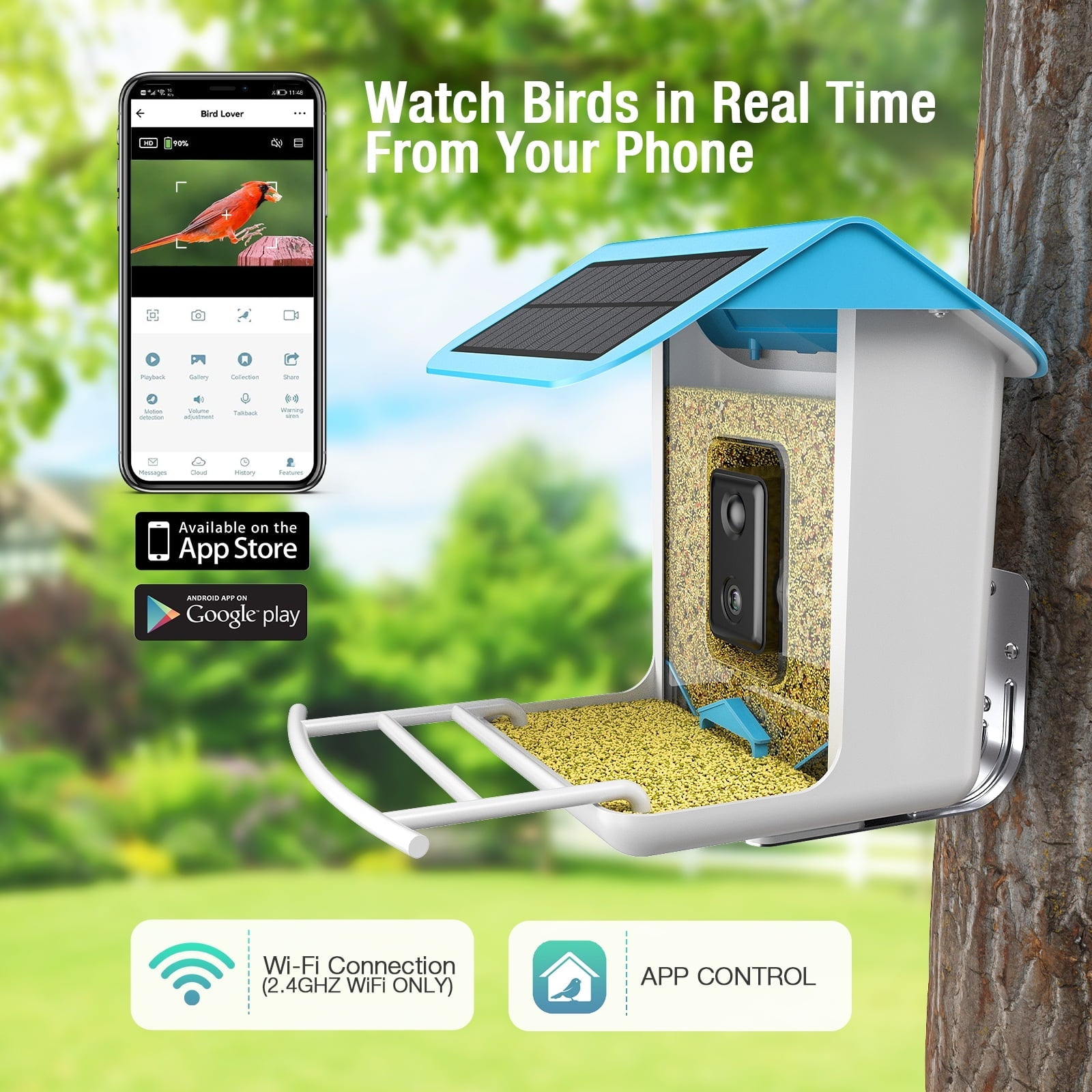 Bird Feeder with Camera Solar Panel AI Smart Bird Feeder with Waterproof Night Vision Cameras