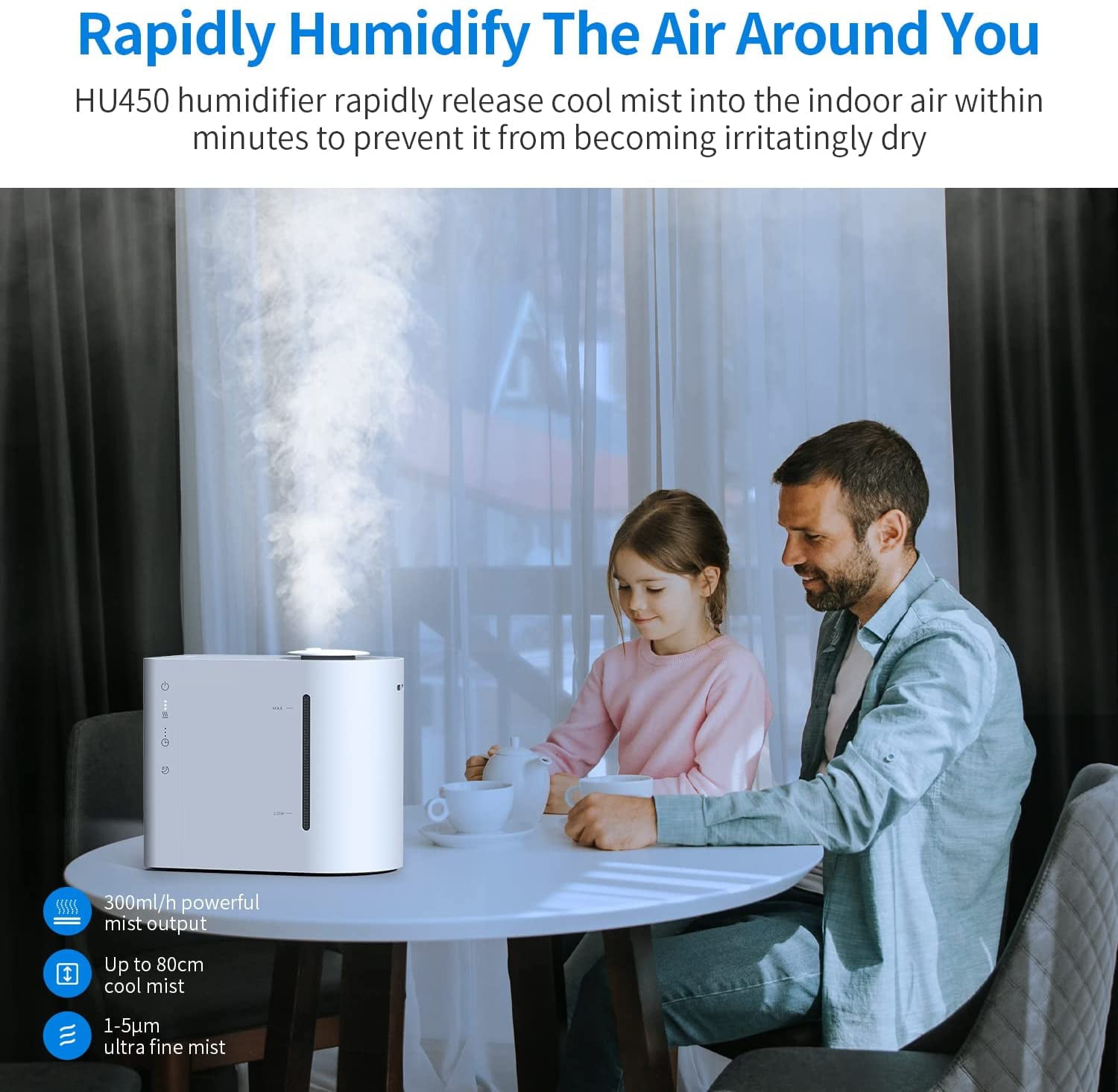 AIRROBO HU450 Ultrasonic Cool Mist Humidifier, 4.3L Top Fill Air Humidifier with 484 Sqft Room Coverage, 360° Nozzles, Waterless Auto Shut-off, White