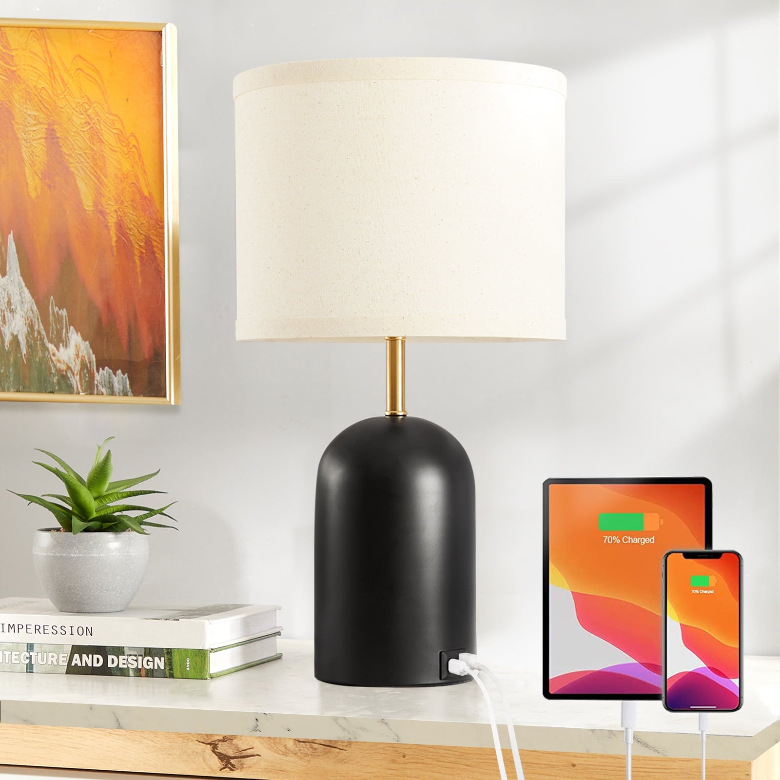 Natyswan Bedside Table Lamp for Bedroom with 2 Charging Ports(USB + Type-C), 25