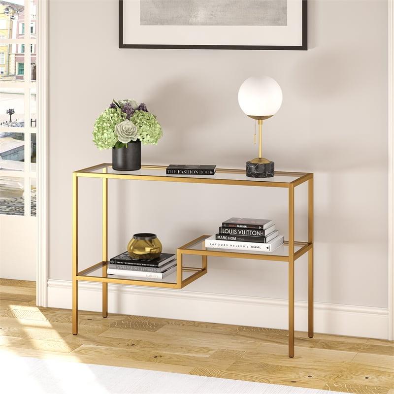 Pemberly Row Traditional Two Tier Metal Console Table in Gold and Brass Finish
