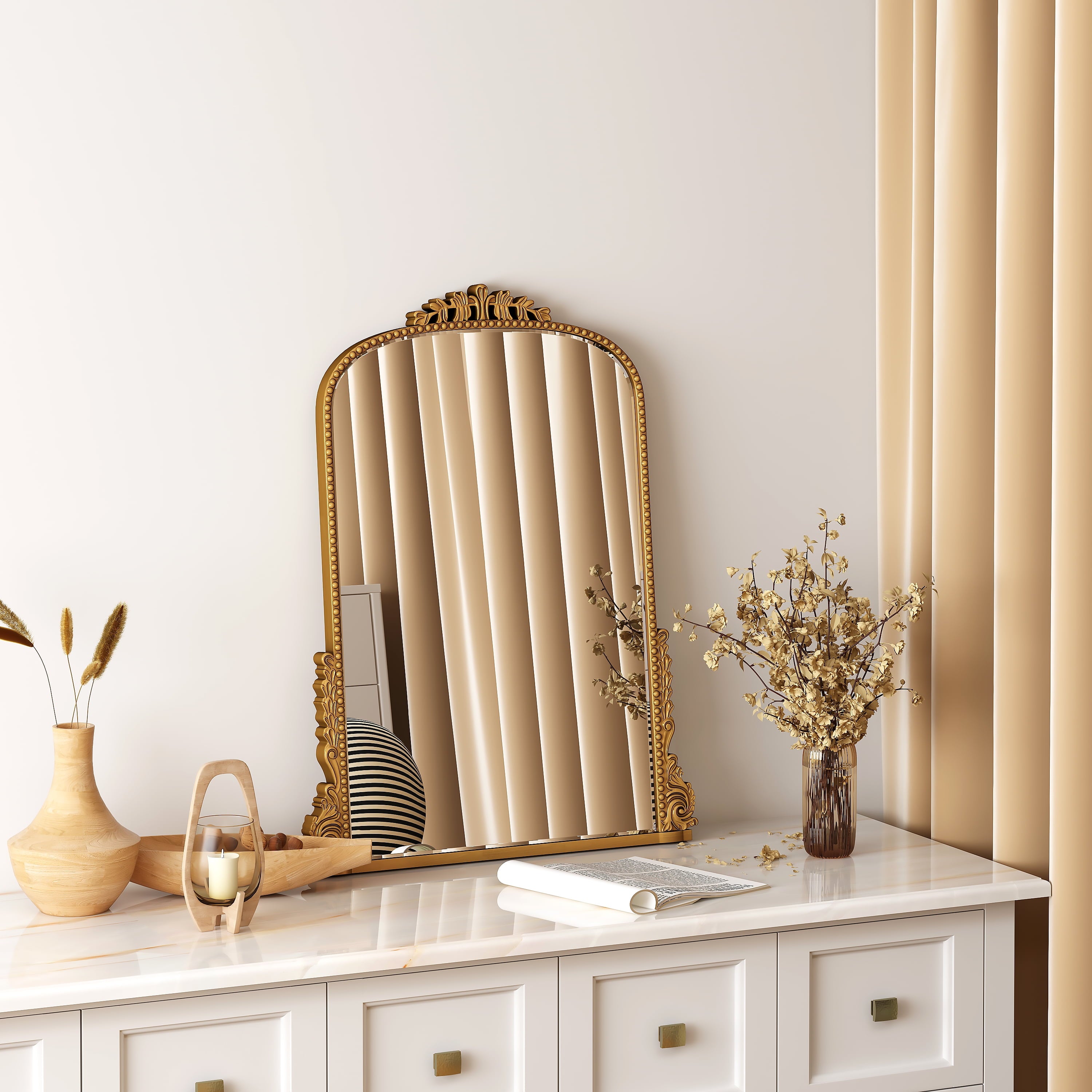 Traditional Baroque Arch Wall Mirror Antique Gold Mirror Wall Decor for Living Room Home 31.5